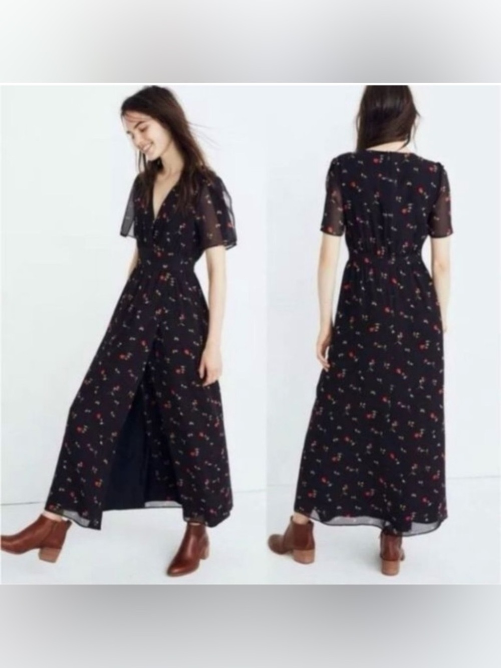Madewell: Black Floral V-Neck Maxi Dress
